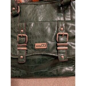 Nine & Co Dark Green Croc Embossed Tote Bag‎ Silver Buckle Accent Shoulder Bag